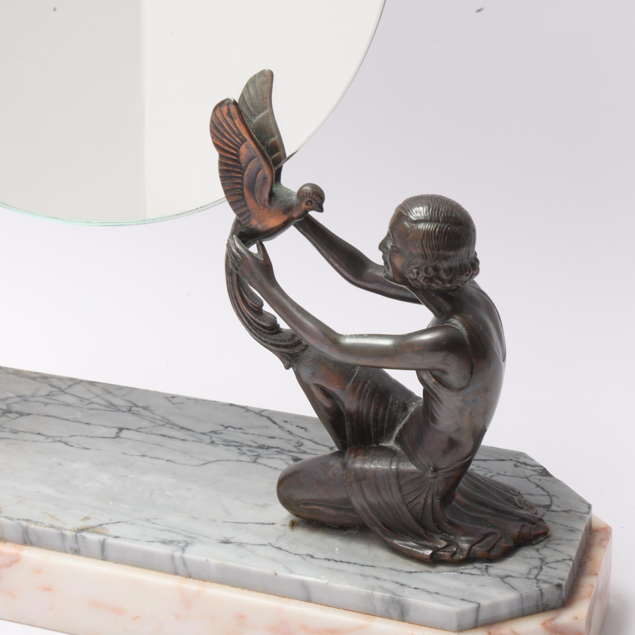 Art Deco spelter and marble dressing table mirror, circa 1920, supported by girls with exotic - Image 3 of 3