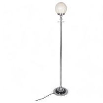 Art Deco chrome and glass standard lamp with moulded milk glass shade, height 150cm Good original