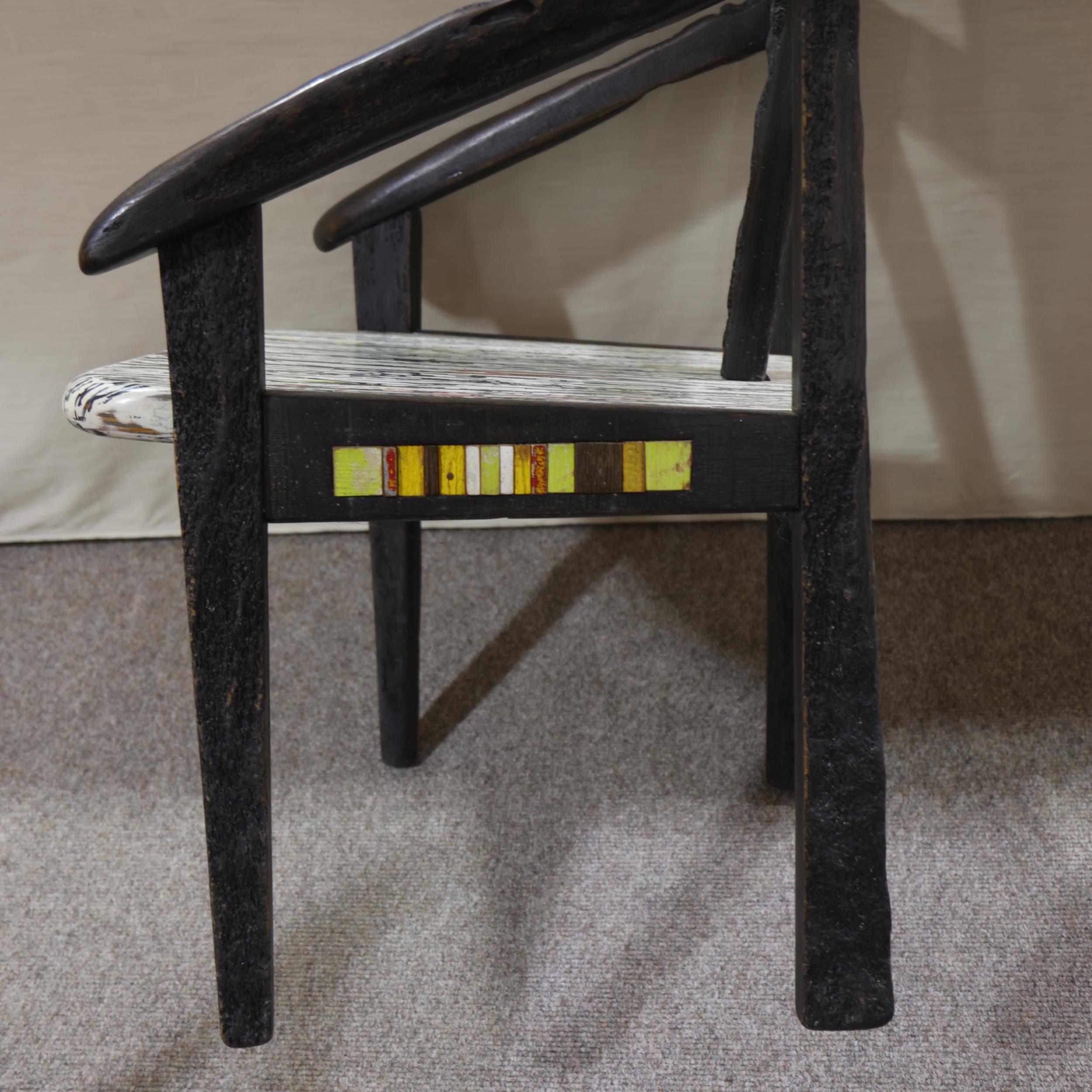 TERRY WARREN, a hand made ebonised driftwood armchair, with marble painted seat and painted insert - Image 3 of 4