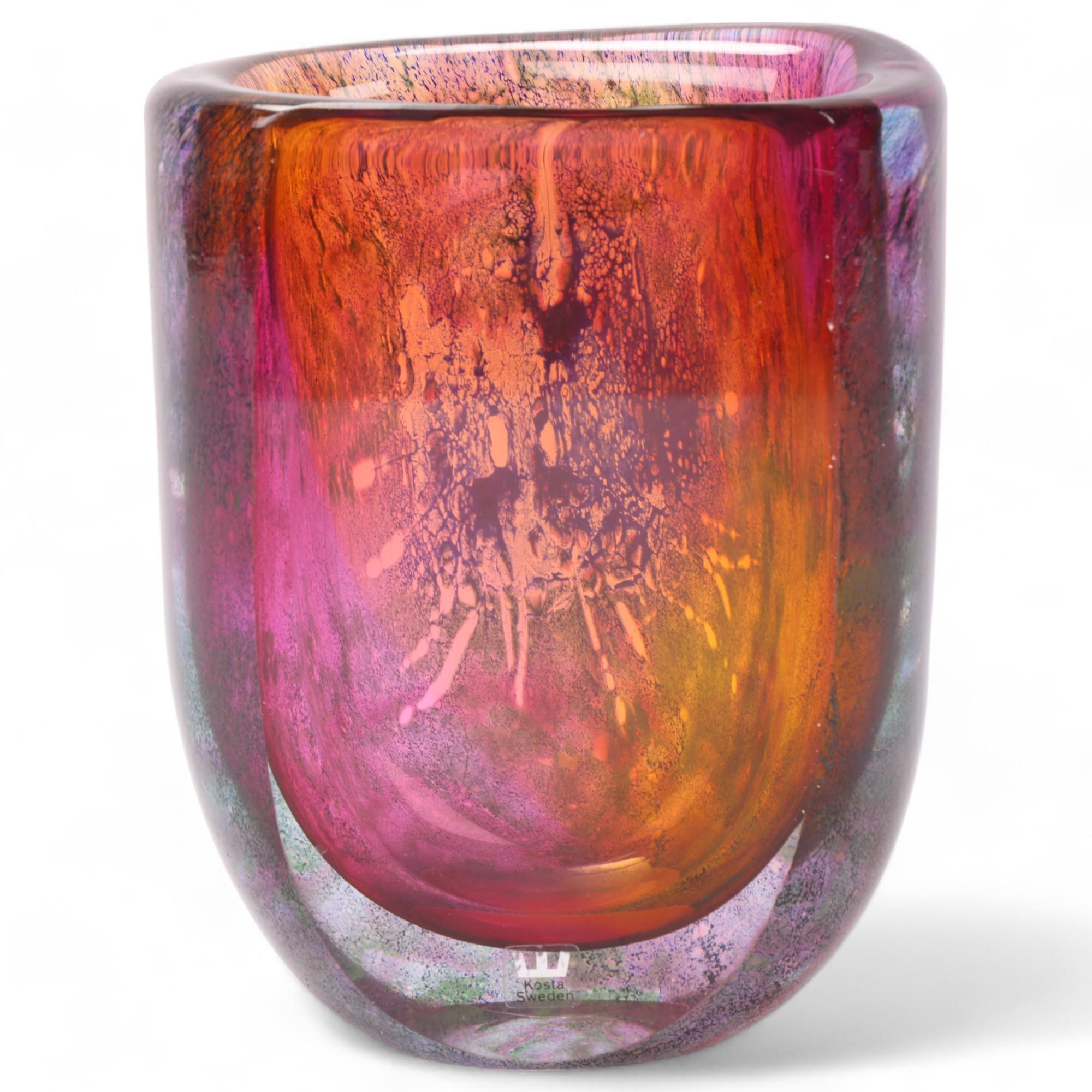 GORAN WARFF for Kosta, a glass vase with oxidised decoration in burgundy red and dark blue with a