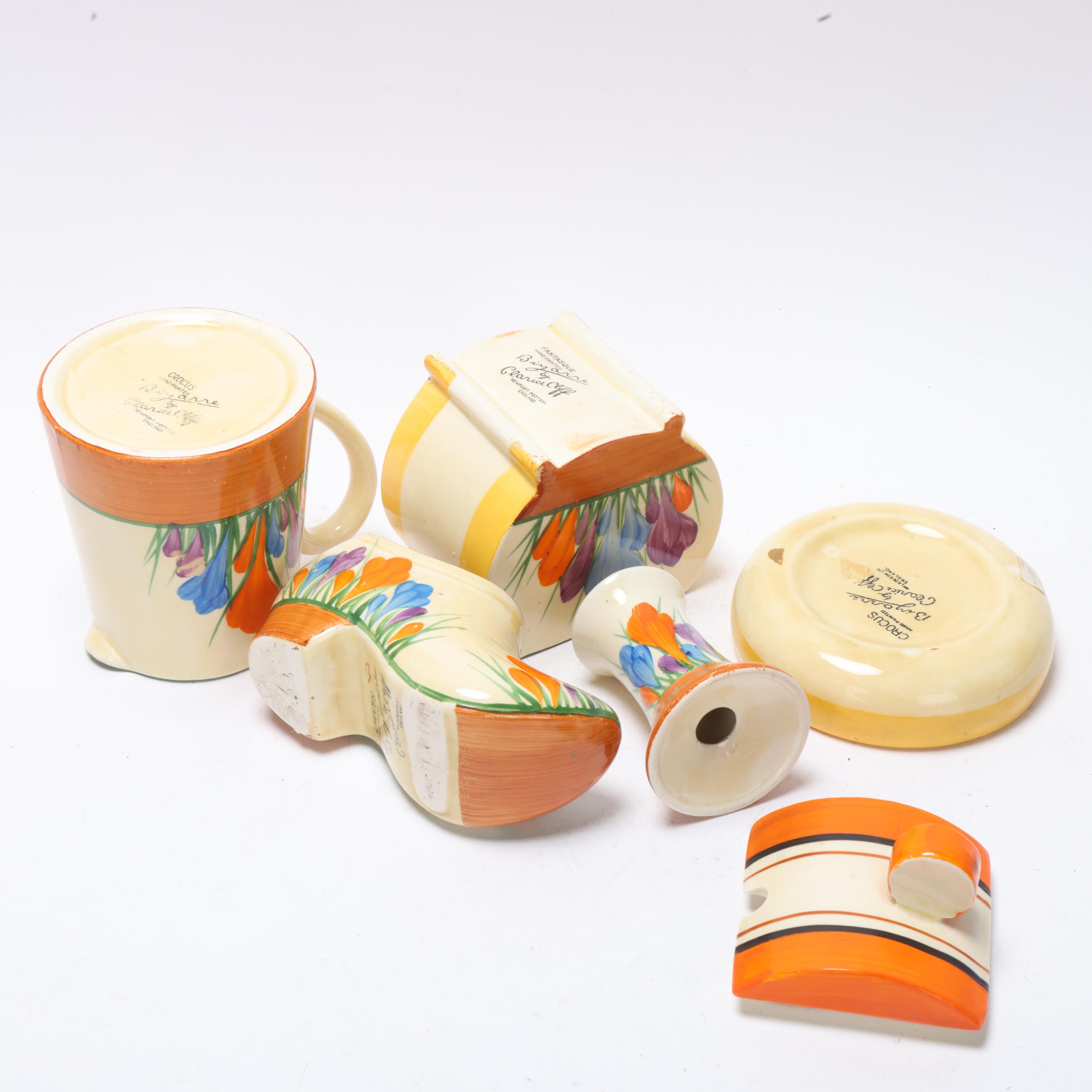 Clarice Cliff Bizarre Crocus pattern, small group of items, including a preserve pot and cover, - Image 3 of 3