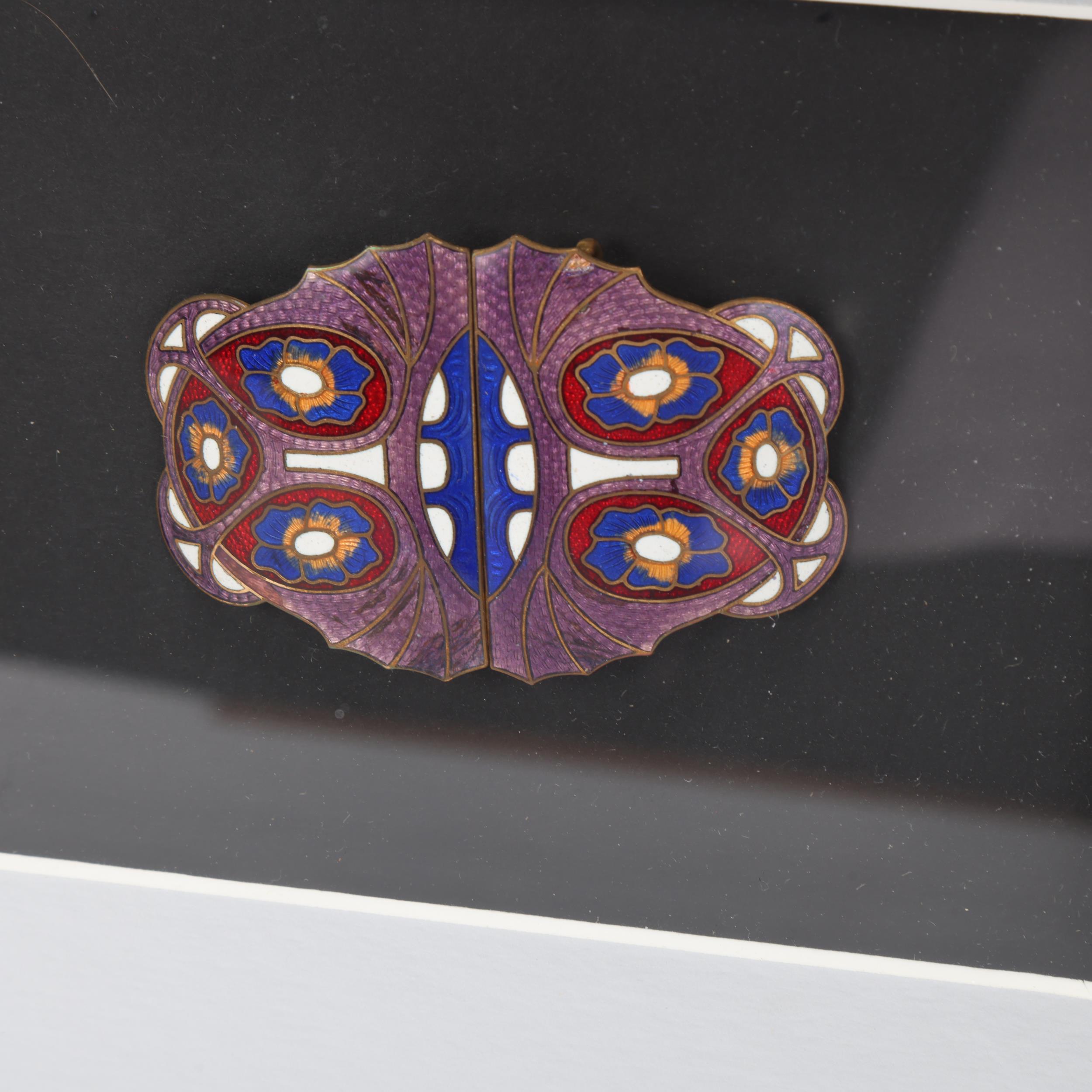 3 Art Nouveau enamelled and gem set buckles, mounted in good quality modern frame, overall frame - Image 3 of 3