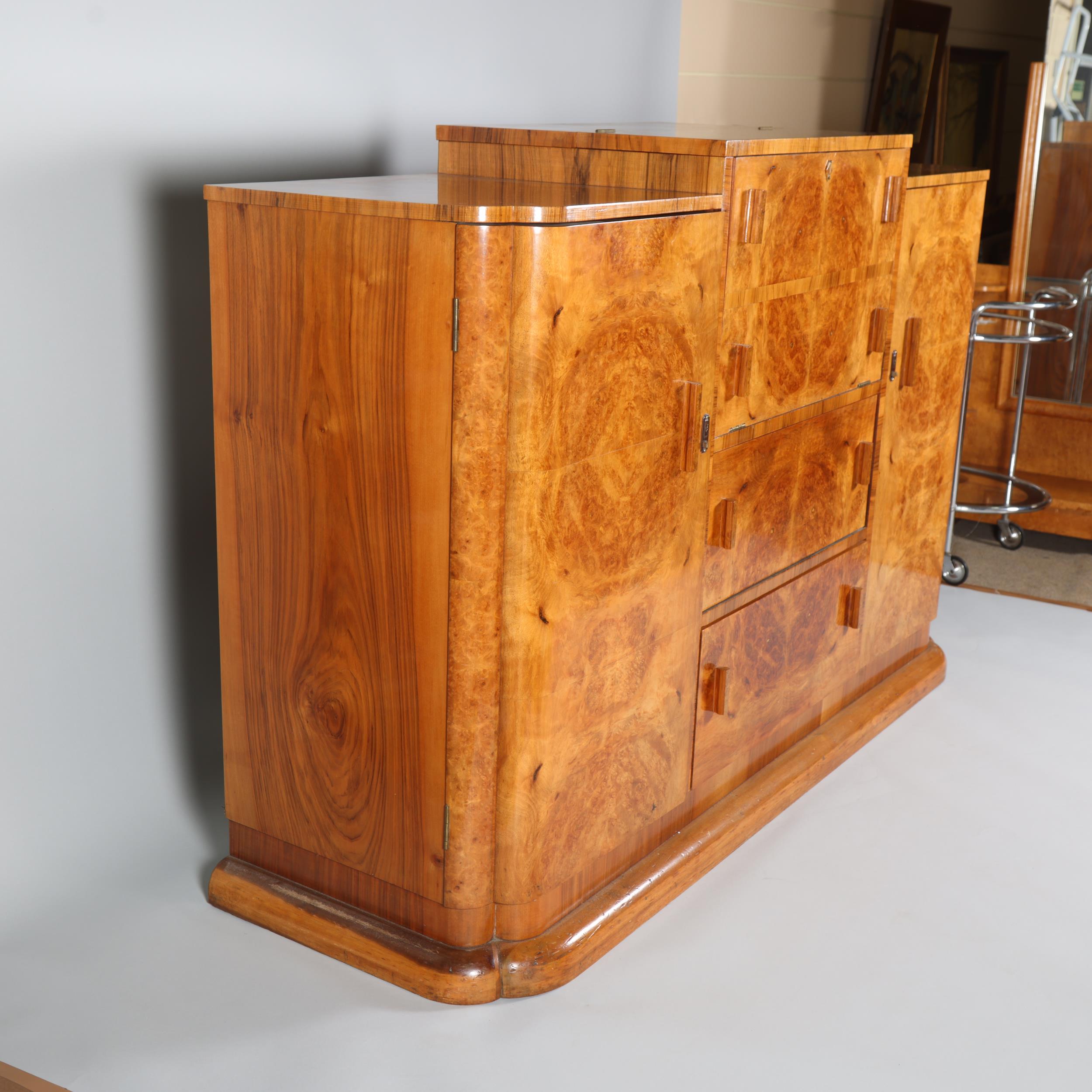 Art Deco burr-walnut cocktail cabinet, circa 1920s, central cocktail fall-front with rising top - Image 10 of 13