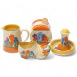 Clarice Cliff Bizarre Crocus pattern, small group of items, including a preserve pot and cover,
