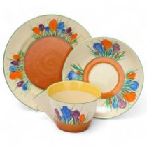 Clarice Cliff Bizarre Crocus pattern teacup saucer and side plate, plate diameter 17cm No chips