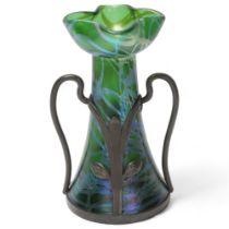 Loetz green iridescent glass vase with stylised pewter mount, height 18.5cm Perfect condition