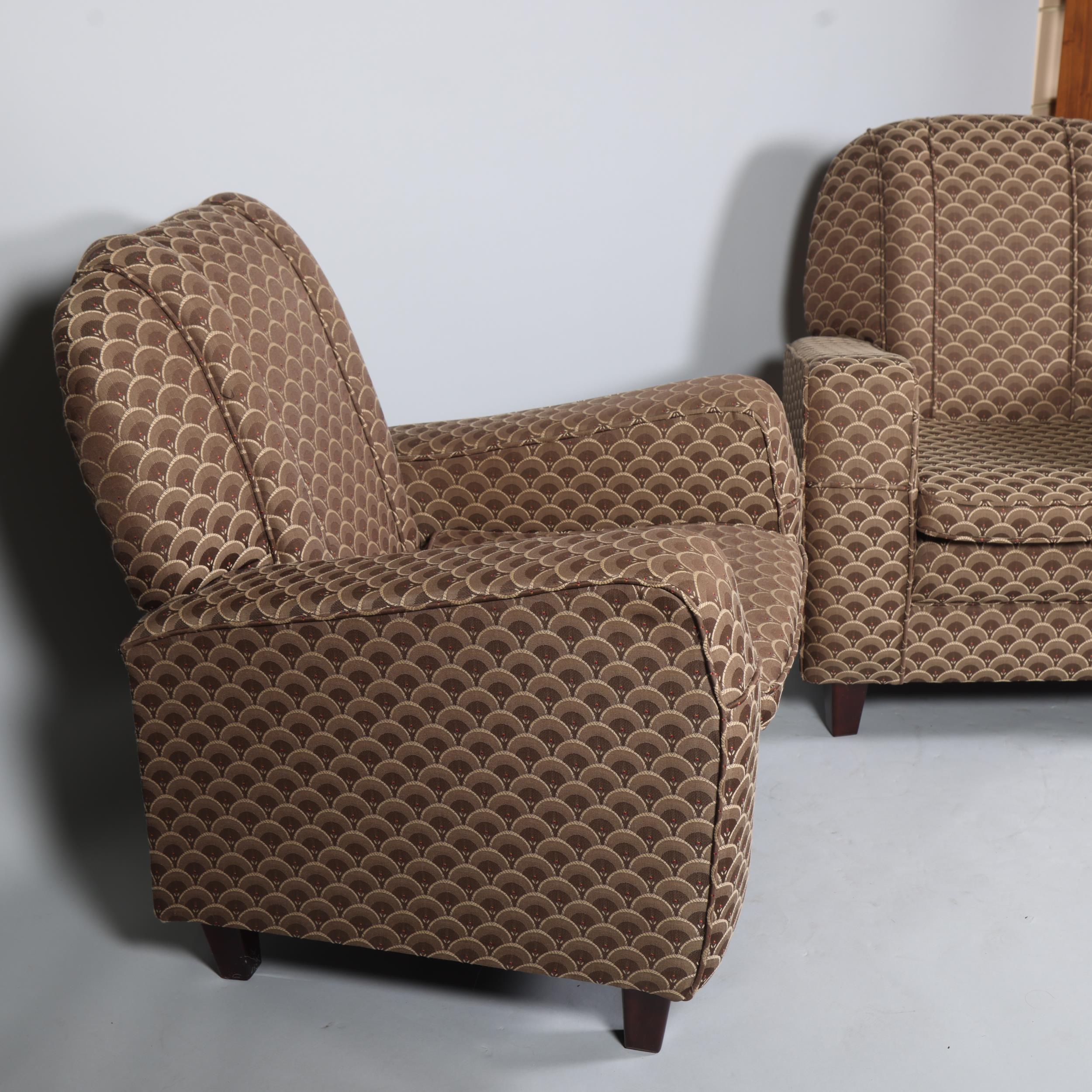 Pair of Art Deco style upholstered armchairs, overall arm width 82cm - Image 2 of 4