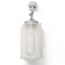 Art Deco frosted moulded glass hanging light fitting, with chrome plate fittings, shade height