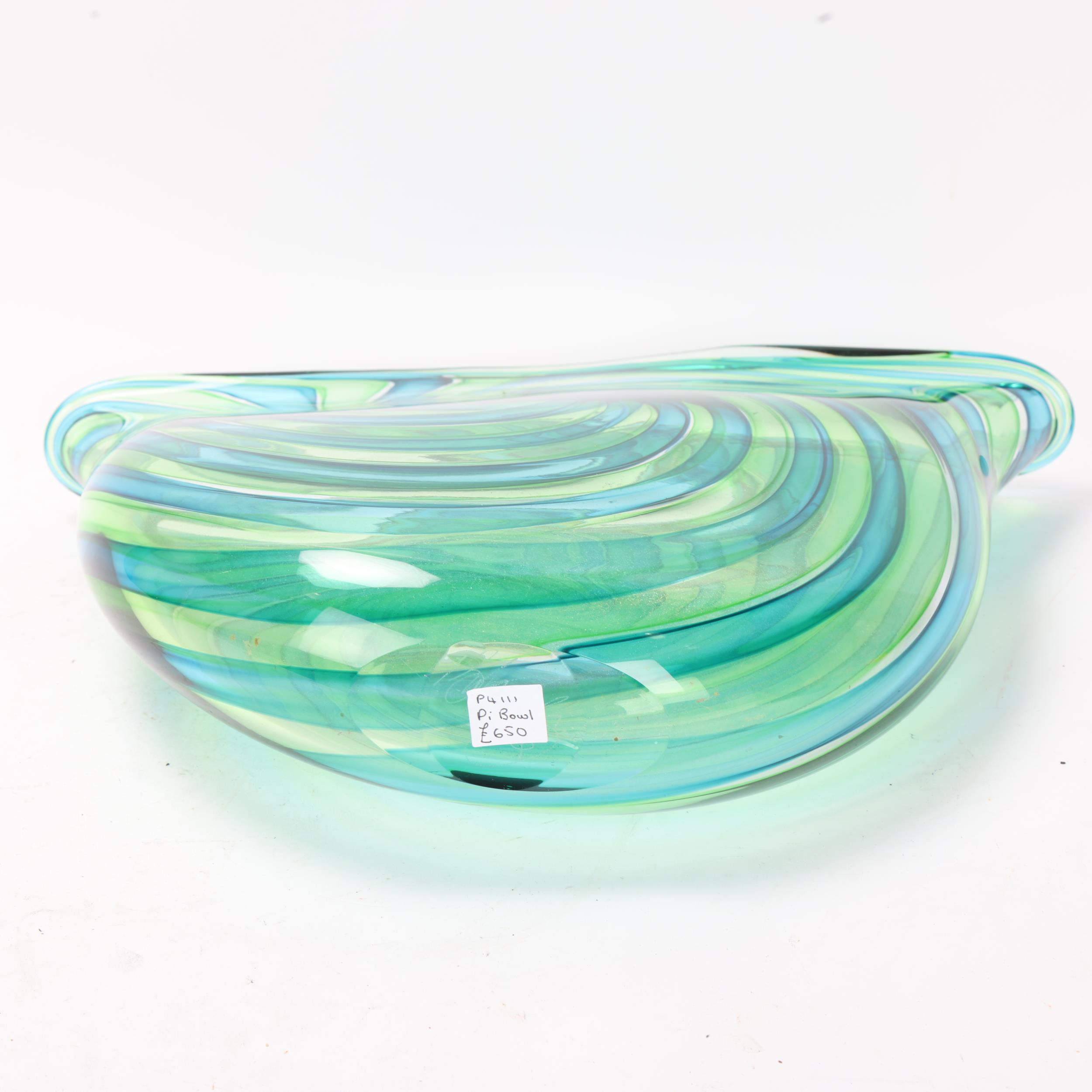 BOB CROOKS, a studio glass vase, spiral green/blue tone glass, signed to base with gallery label, - Image 3 of 3