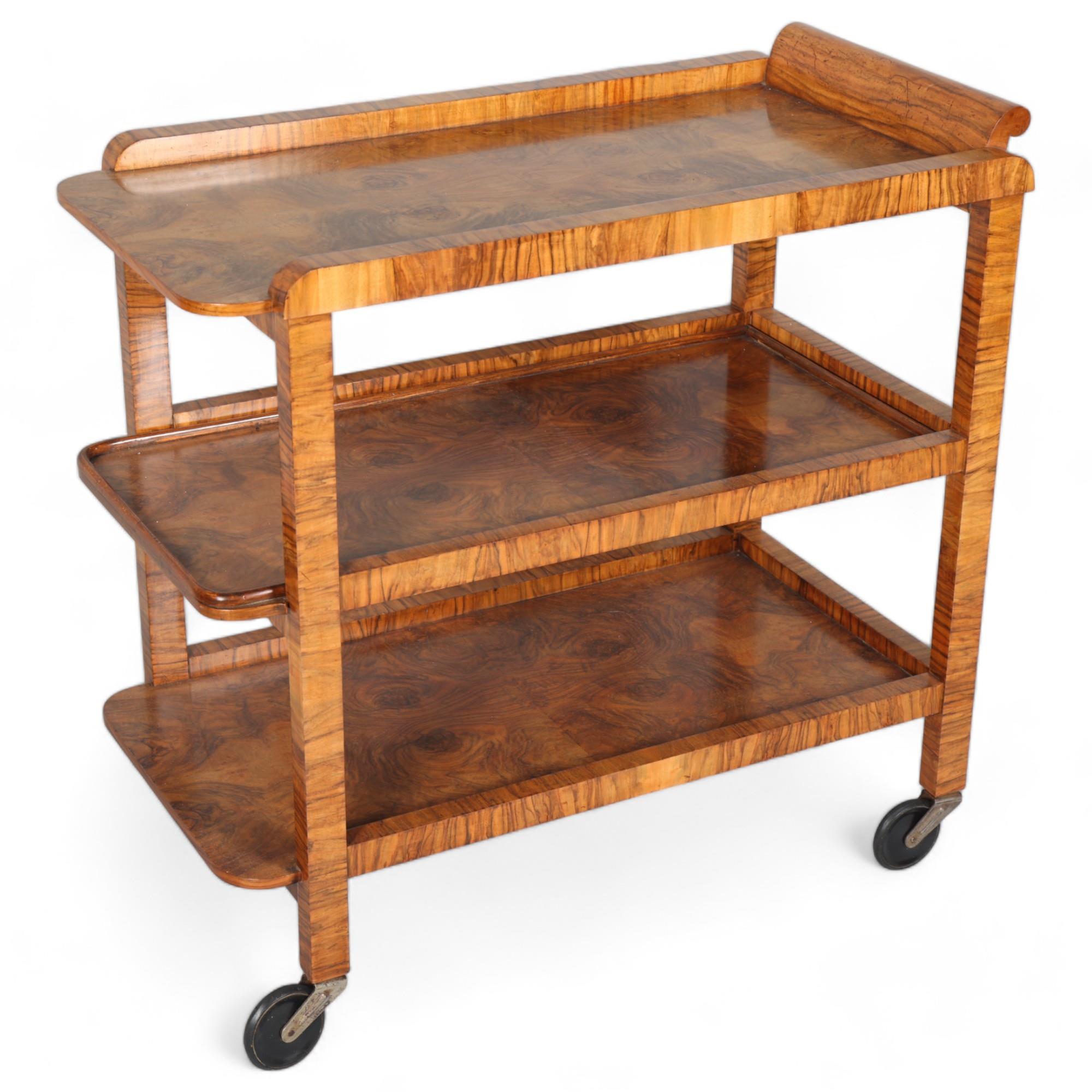 Art Deco burr-walnut 3-tier cocktail trolley, circa 1920s, 78cm x 41cm Good original condition