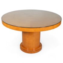 Art Deco satinwood and walnut dining suite, comprising circular table on drum-shaped base,