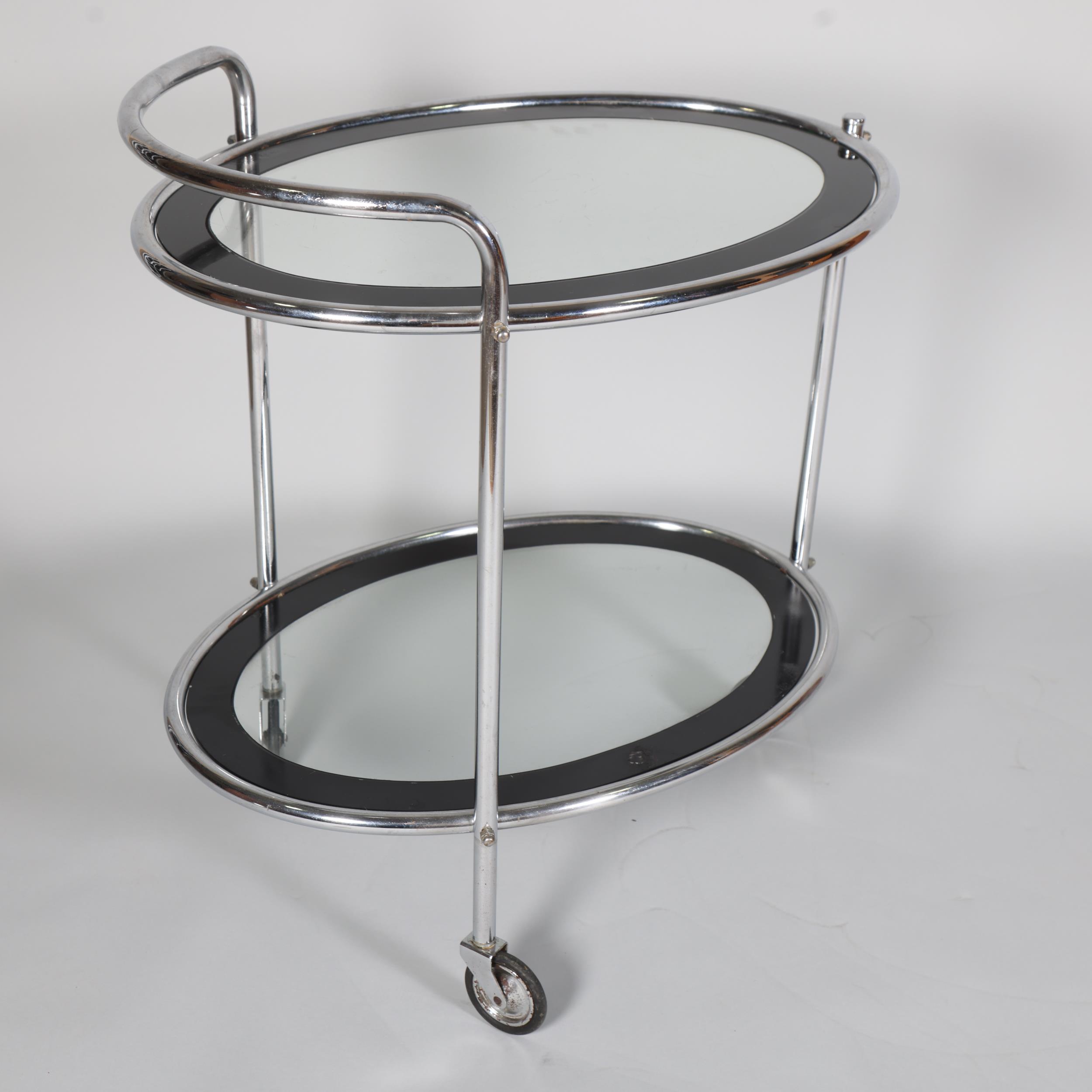 Art Deco chrome plate 2-tier cocktail trolley, with original black/clear glass panels, length 67cm - Image 3 of 4