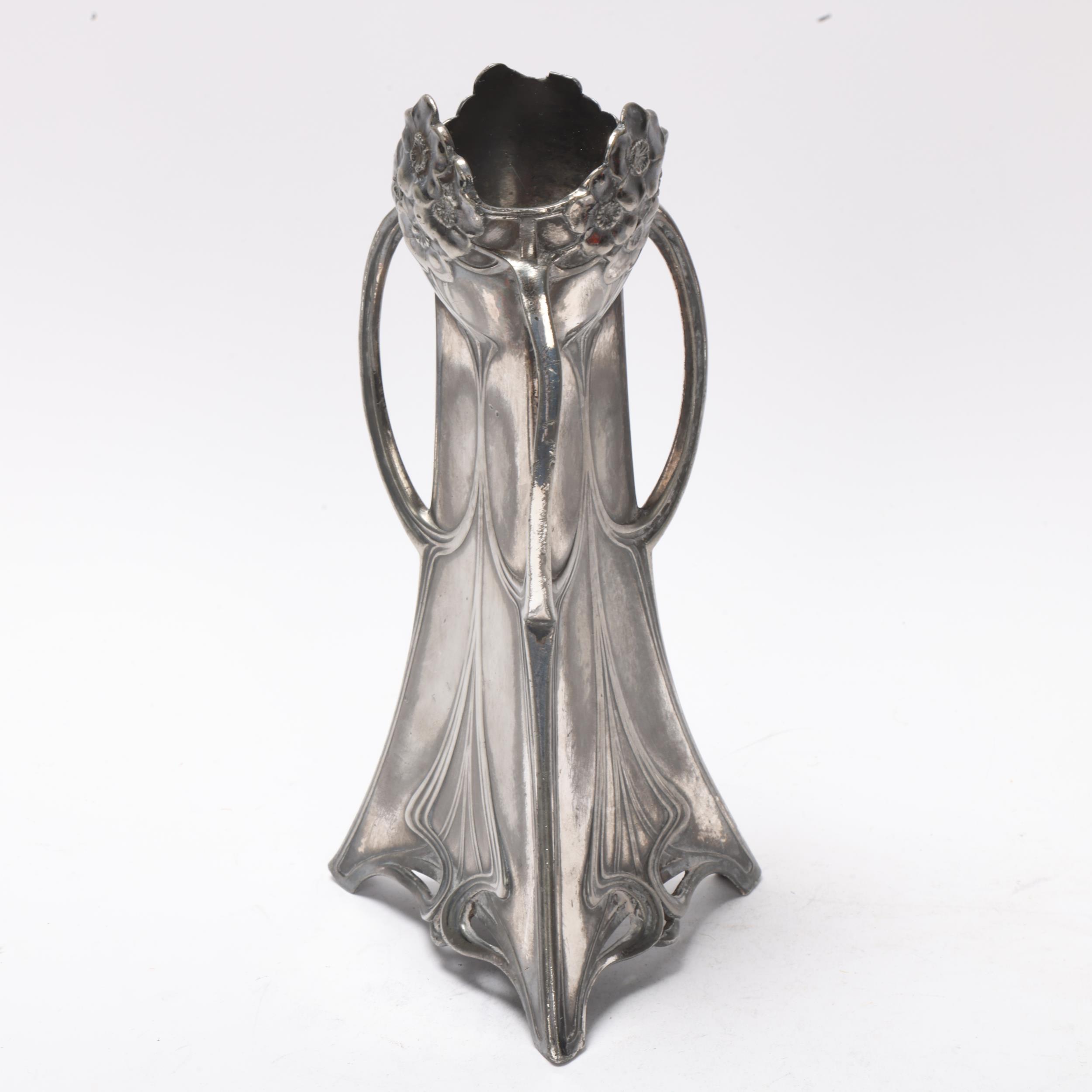WMF Art Nouveau electroplate vase of triangular section, with figure in high relief and 3 handles, - Image 2 of 3
