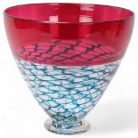 BOB CROOKS, a large footed studio glass bowl, with burgundy rim and turquoise lattice work, signed