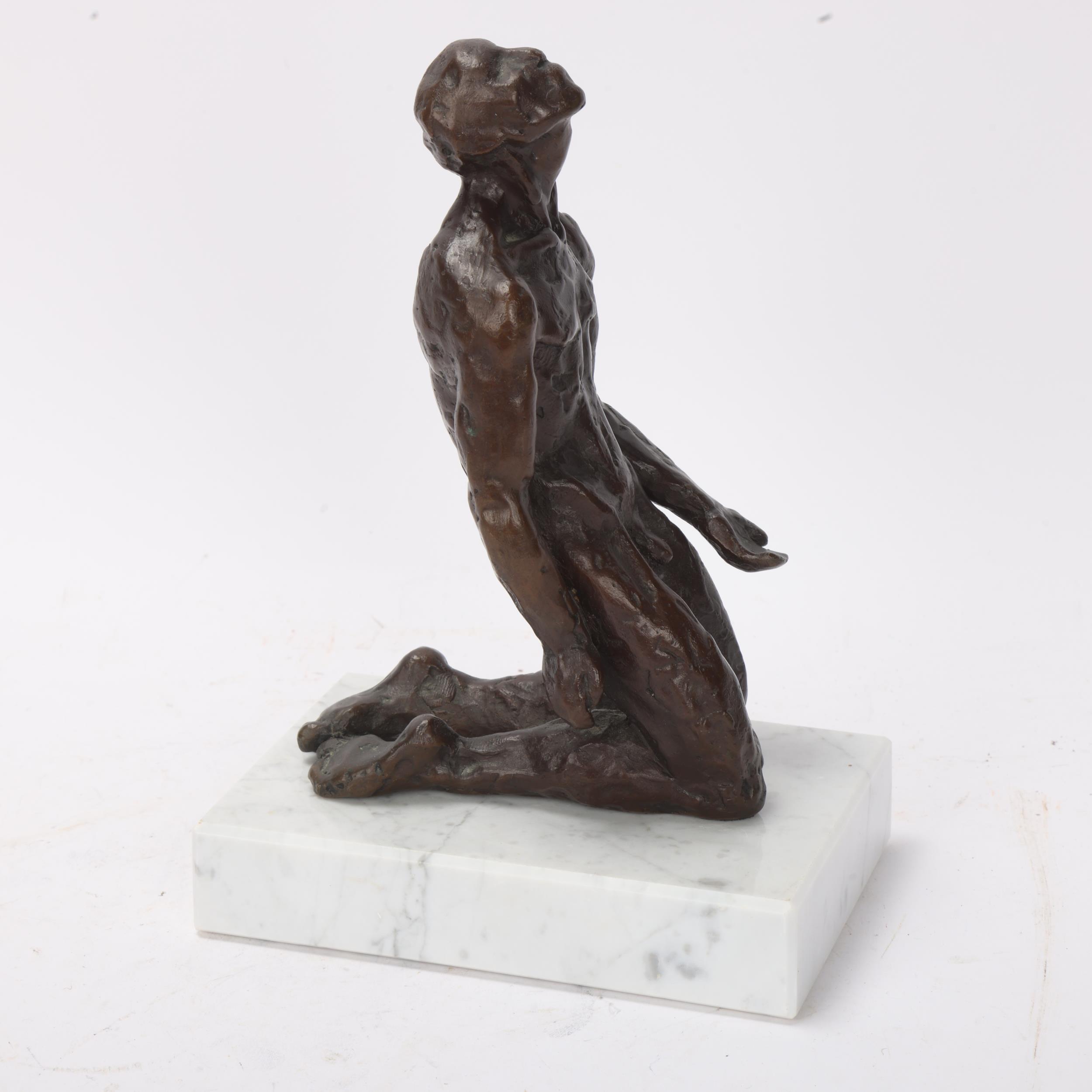 MAUREEN LANGLEY (b.1931), a bronze figure of a kneeling man on a marble base, signed ML 3/6, - Image 2 of 3