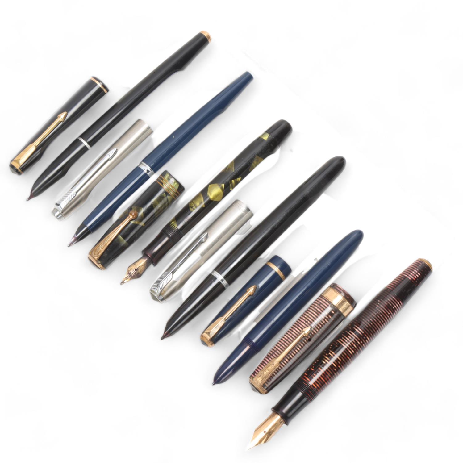 6 vintage Parker fountain pens Untested used condition, black bodied model '17' pen has missing