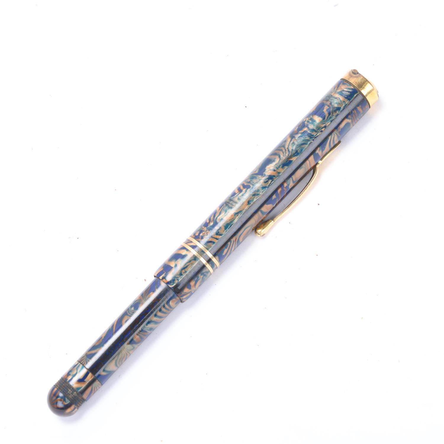 A Pullman blue and gilt marbled fountain pen with 14k nib and gilt mounts, with push action pop up - Image 4 of 4