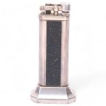 A Vintage Dunhill table steel lighter, with black sparkly inlaid panels, makers marks to base, No