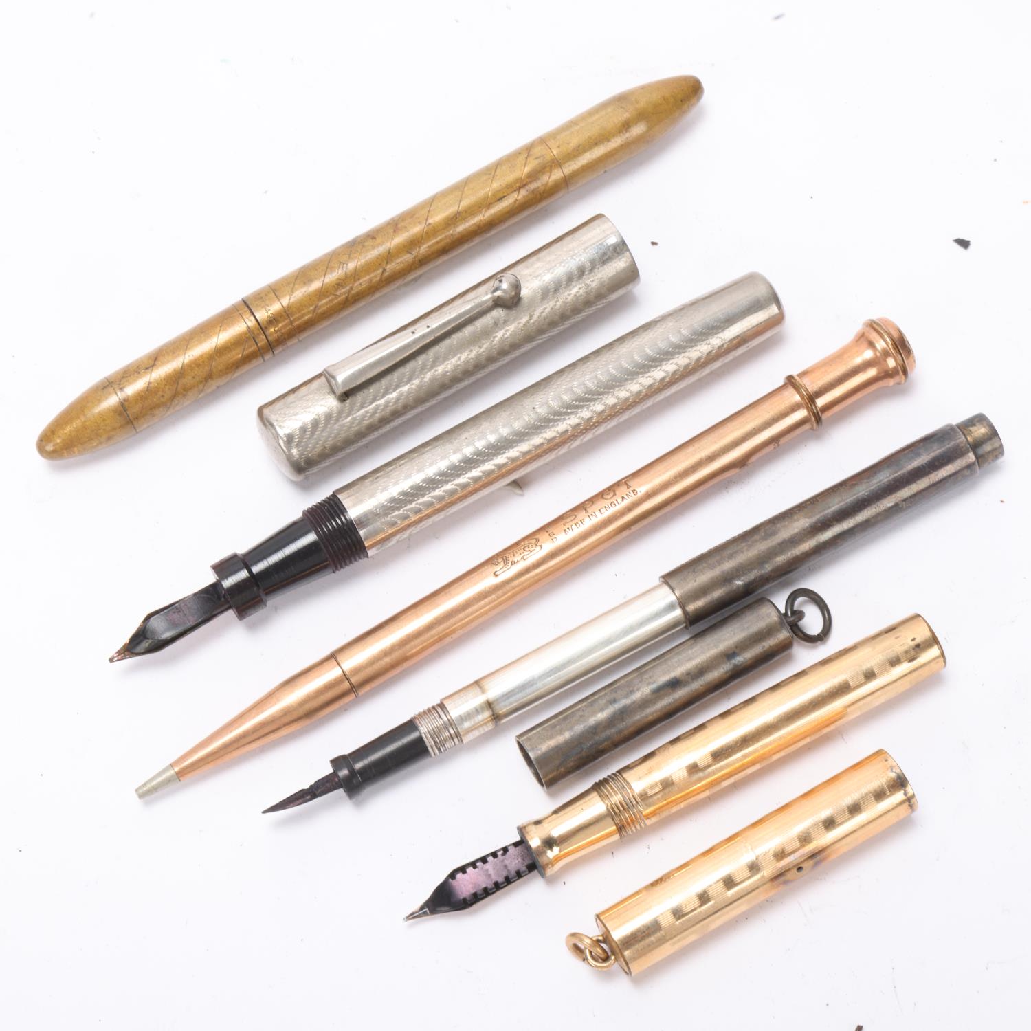 5 metal body antique fountain pens and pencils, one has Sterling silver body A/F, - Image 3 of 4