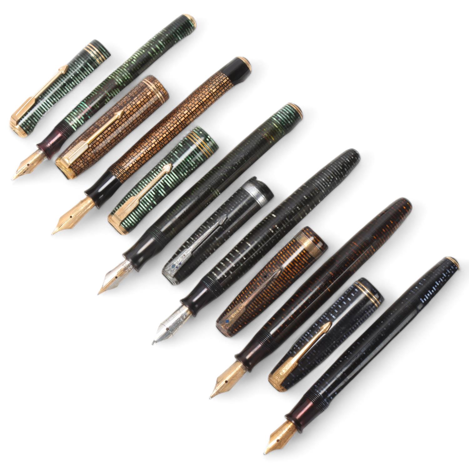 6 vintage Parker fountain pens, 5 with 14ct nib, all with sprung pump fill action "Vacumatic" and