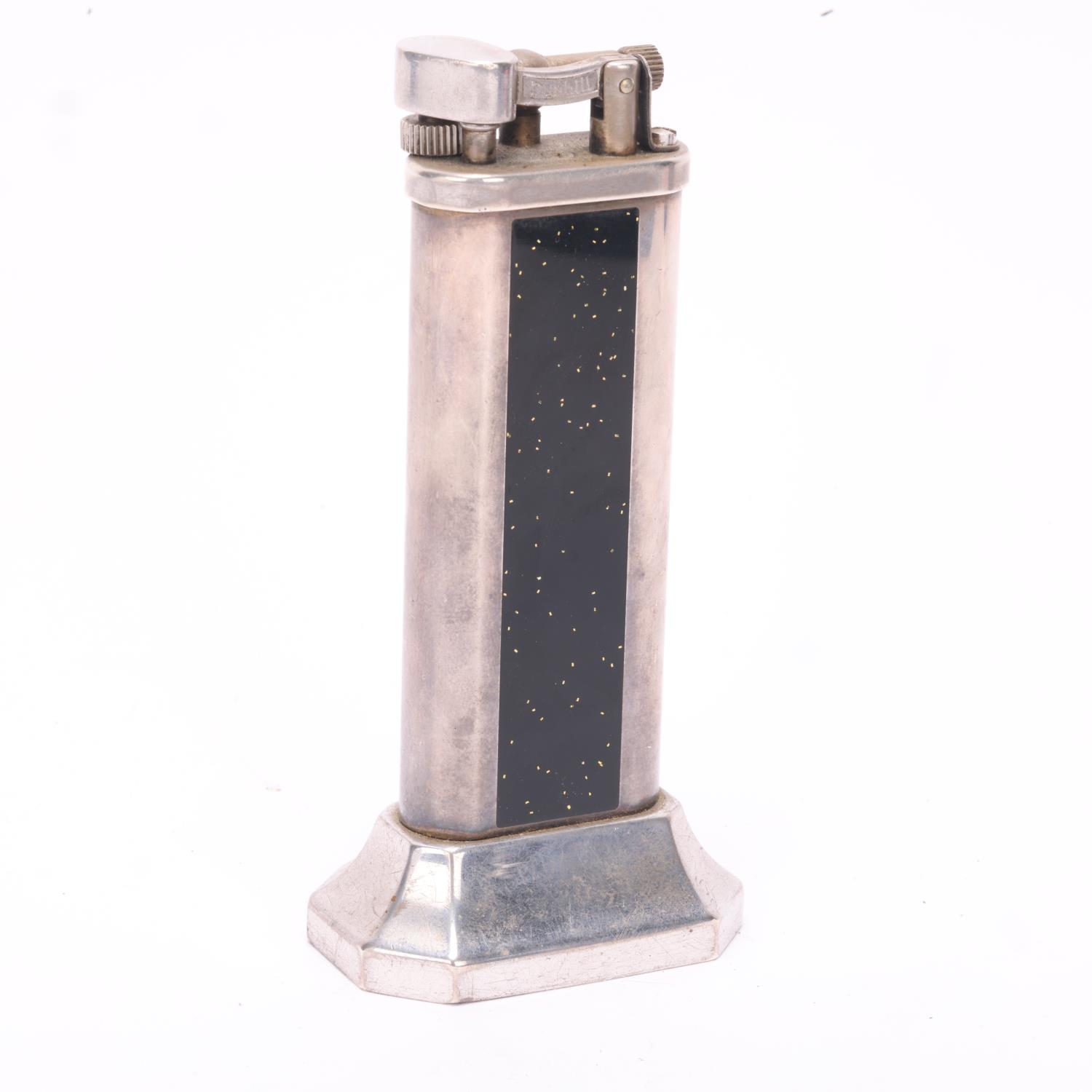 A Vintage Dunhill table steel lighter, with black sparkly inlaid panels, makers marks to base, No - Image 2 of 4