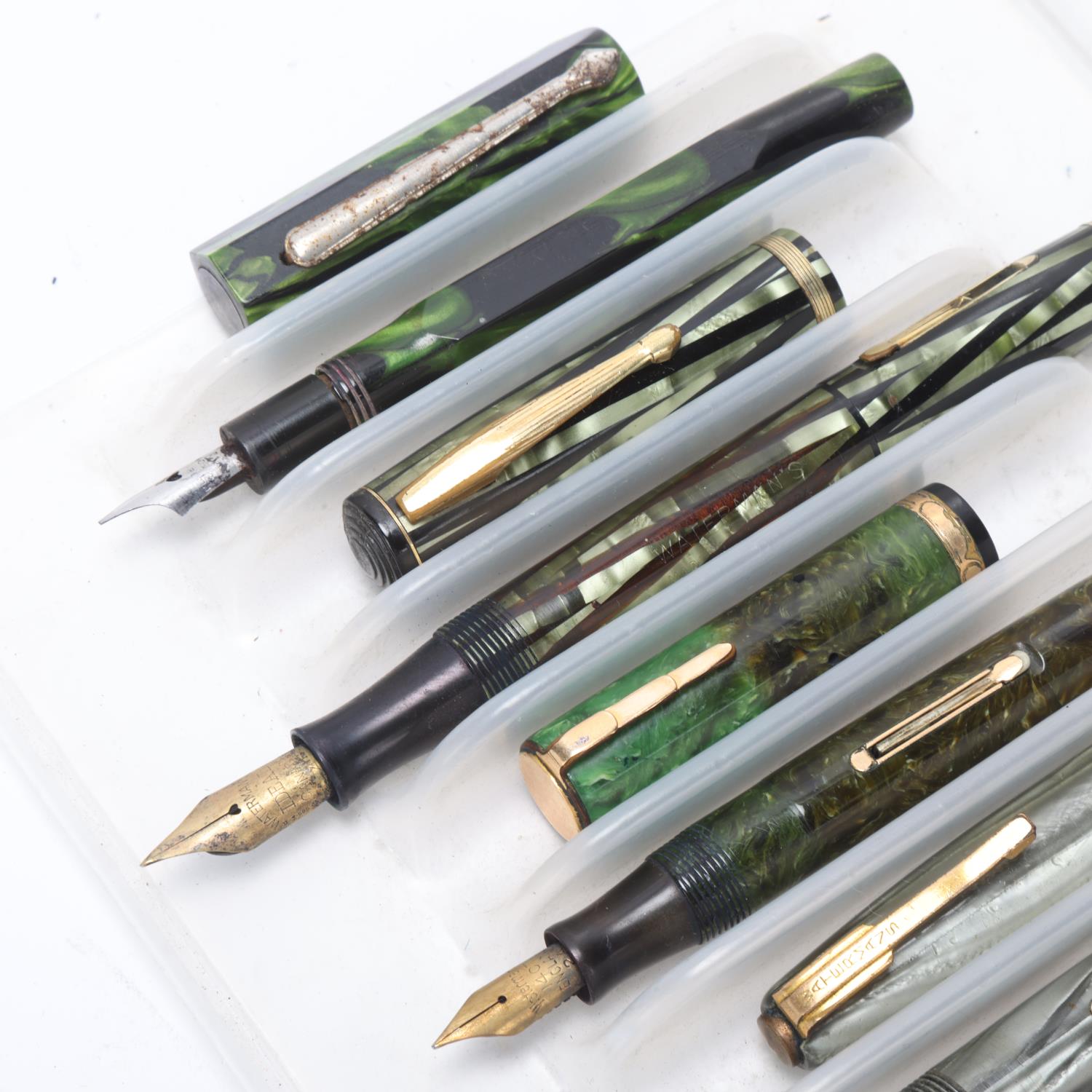 6 vintage Waterman fountain pens with marble resin bodies, all lever fill, 3 with 14ct gold nibs All - Bild 3 aus 4