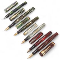 6 vintage Waterman fountain pens with marble resin bodies, all lever fill, 3 with 14ct gold nibs All