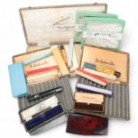 A collection of vintage pen boxes, including Swan, Conway Stewart, Parker, Waterman, Stephens etc