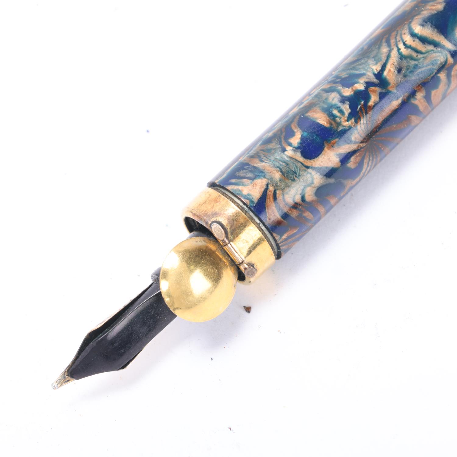 A Pullman blue and gilt marbled fountain pen with 14k nib and gilt mounts, with push action pop up - Image 2 of 4