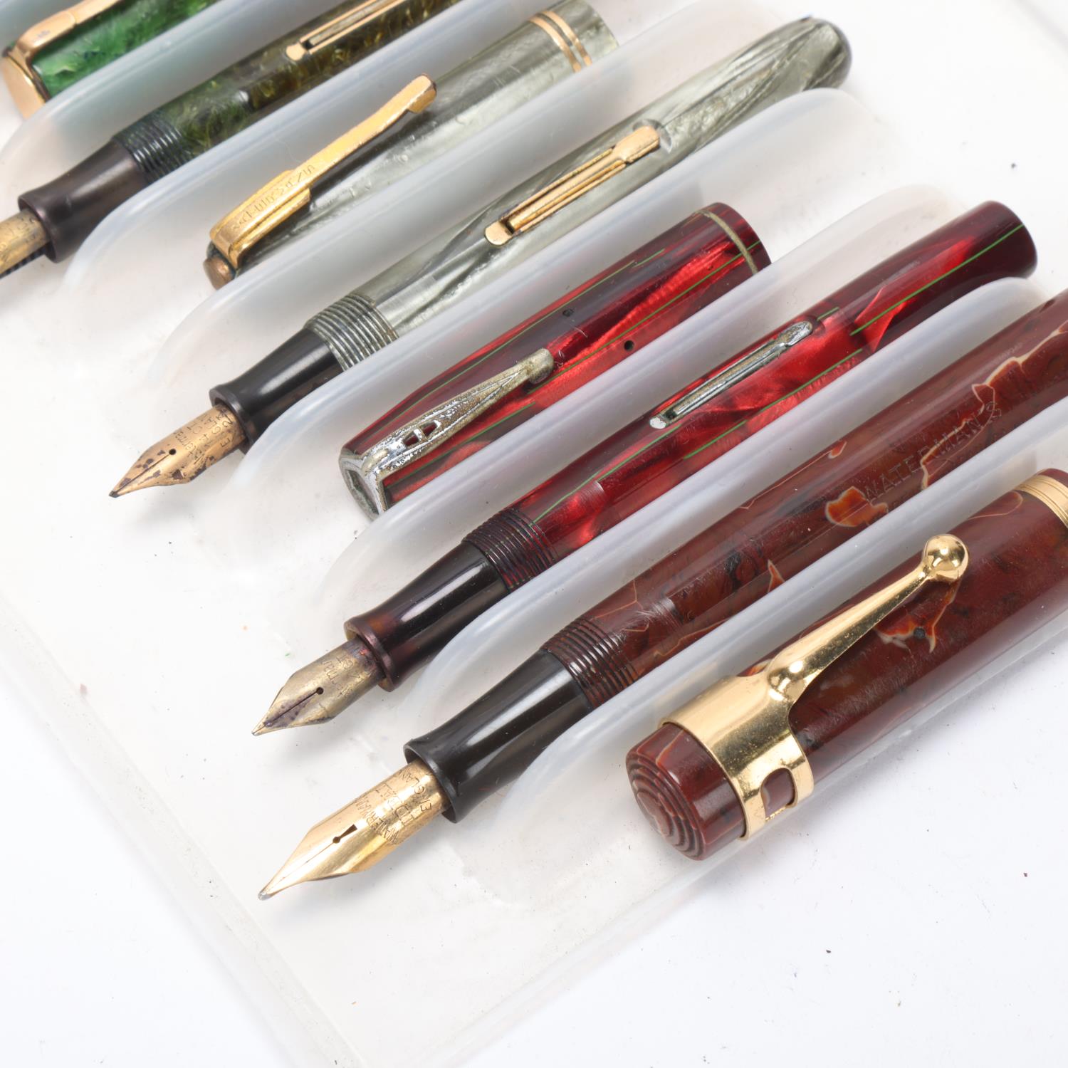 6 vintage Waterman fountain pens with marble resin bodies, all lever fill, 3 with 14ct gold nibs All - Image 2 of 4