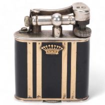 A 1929 hallmarked silver Dunhill lighter, with gilt and black lacquer body, gilt metal crown detail,