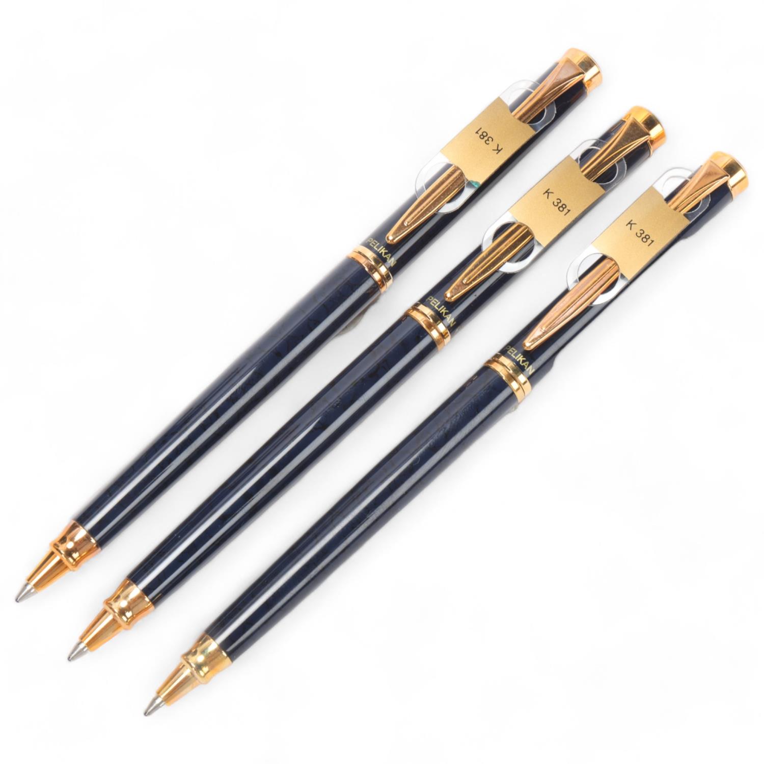 3 Pelikan model K381 ball point pens, with blue body and gilt trim, all boxed with paper and