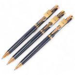 3 Pelikan model K381 ball point pens, with blue body and gilt trim, all boxed with paper and