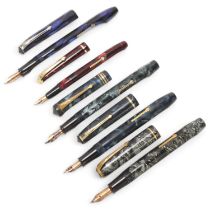 5 Vintage Conway Stewart fountain pens, all lever fill with marble resin bodies and 14ct gold