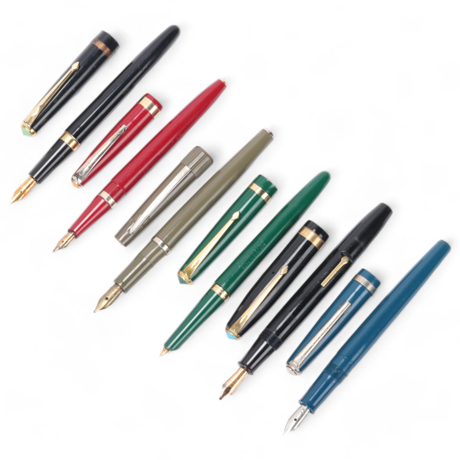 6 vintage Conway Stewart fountain pens, 3 with 14ct gold nibs, includes lever fill "Italic" , "