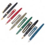 6 vintage Conway Stewart fountain pens, 3 with 14ct gold nibs, includes lever fill "Italic" , "