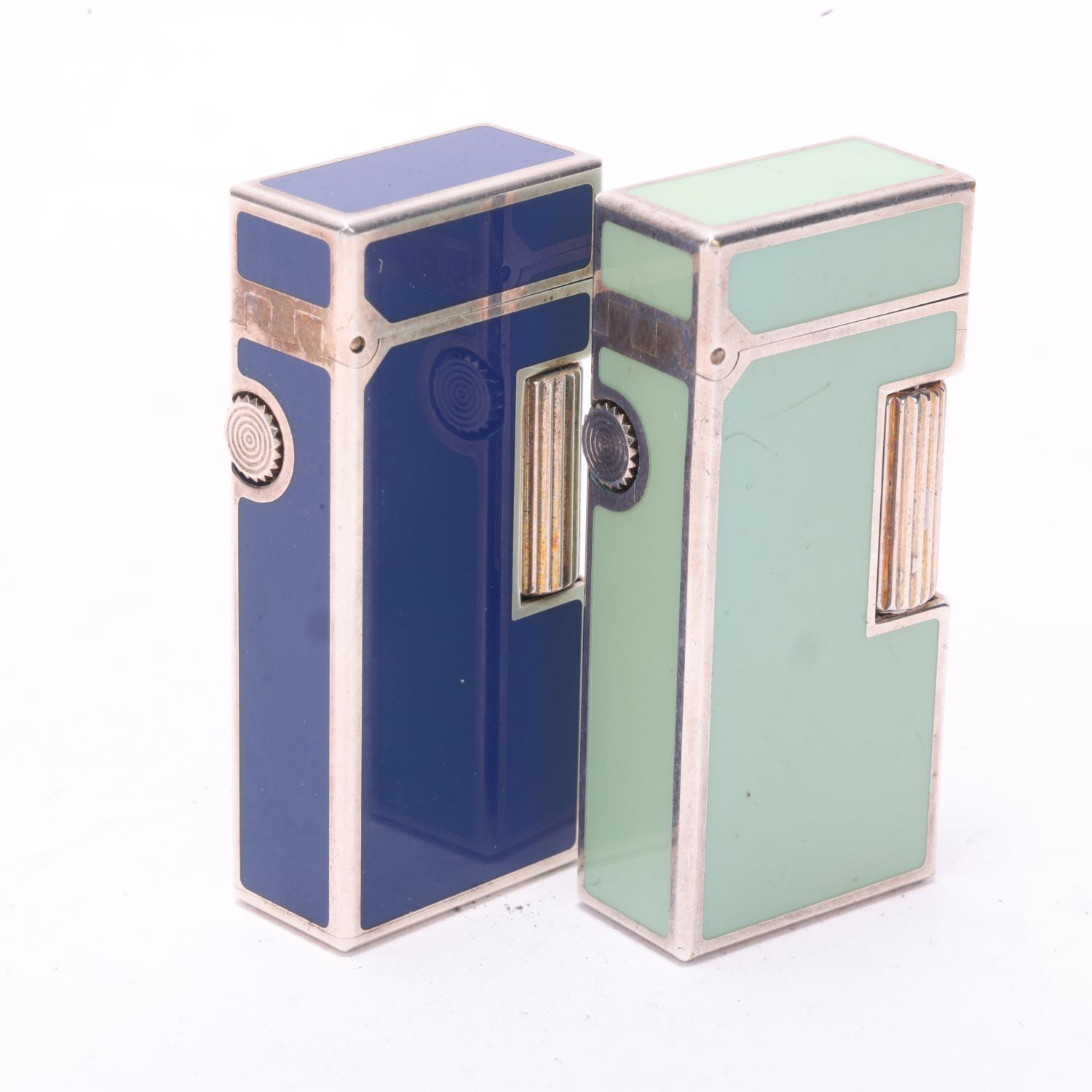 2 vintage Dunhill Rollagas lighters, with blue and aqua lacquer bodies, makers marks to base, No - Image 4 of 4