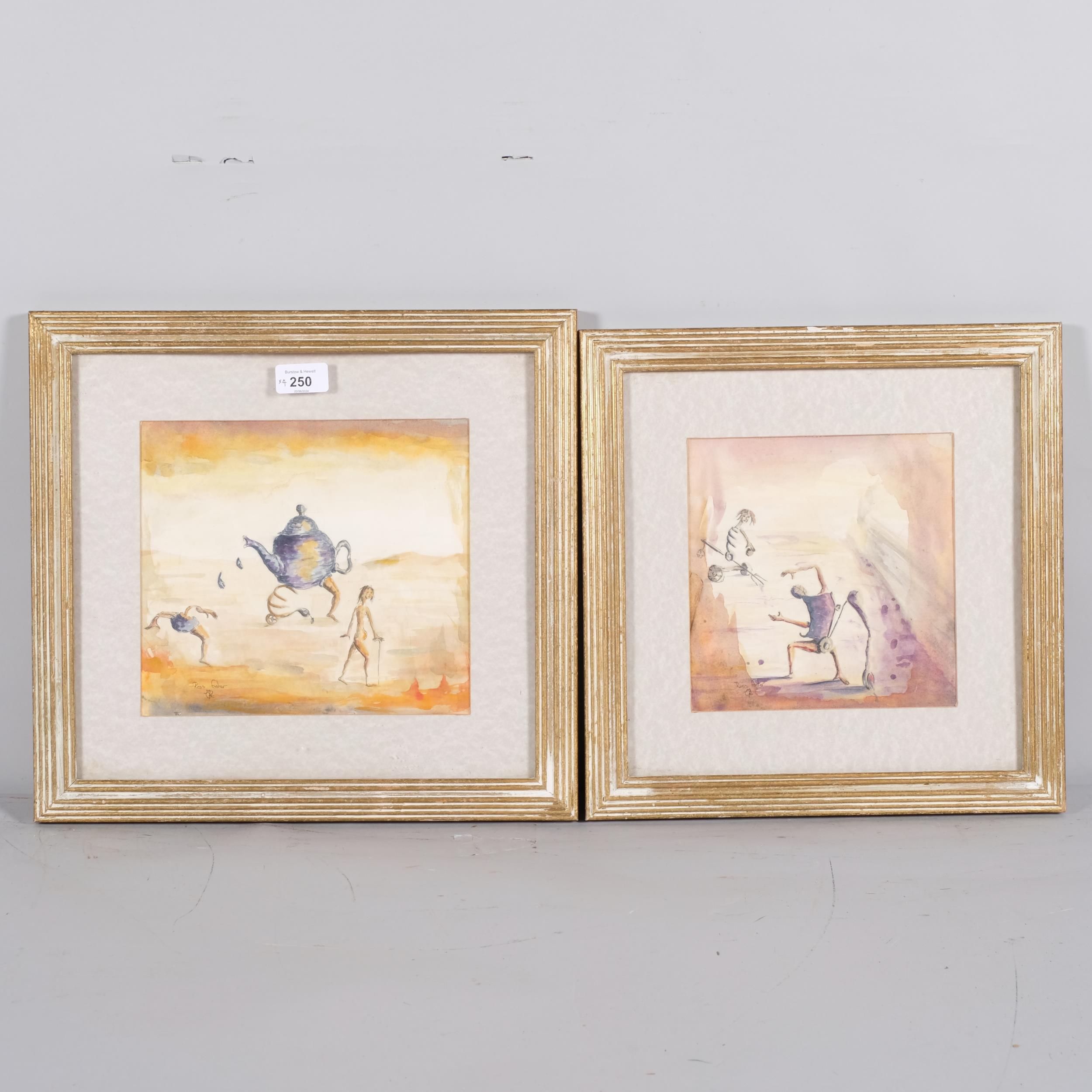 Ross Foster, 4 surrealist scenes, watercolour, 21cm x 24cm, framed All in good condition - Image 2 of 4