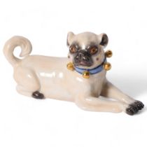 Meissen, a porcelain figure of a seated Pug, with a blue and gilt studded collar, L7.5cm, blue