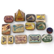 A collection of early 20th century needle advertising tins, including Golden Pyramid Talking Machine