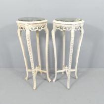 A pair of French vintage marble topped jardiniere stands with painted wooden bases and carved and