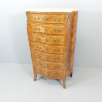 A French Kingwood and satinwood inlaid marble top semainier chest of seven drawers, with brass