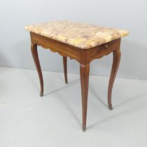 A French cherrywood and marble topped side table, with end frieze drawer, cabriole legs and ormolu