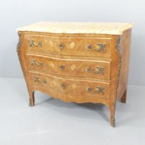 A French kingwood marquetry inlaid and satinwood strung Louis XVI style chest of three long drawers,