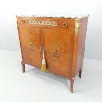 A French Louis XVI style marquetry inlaid kingwood and Breche Romani marble topped side cabinet,