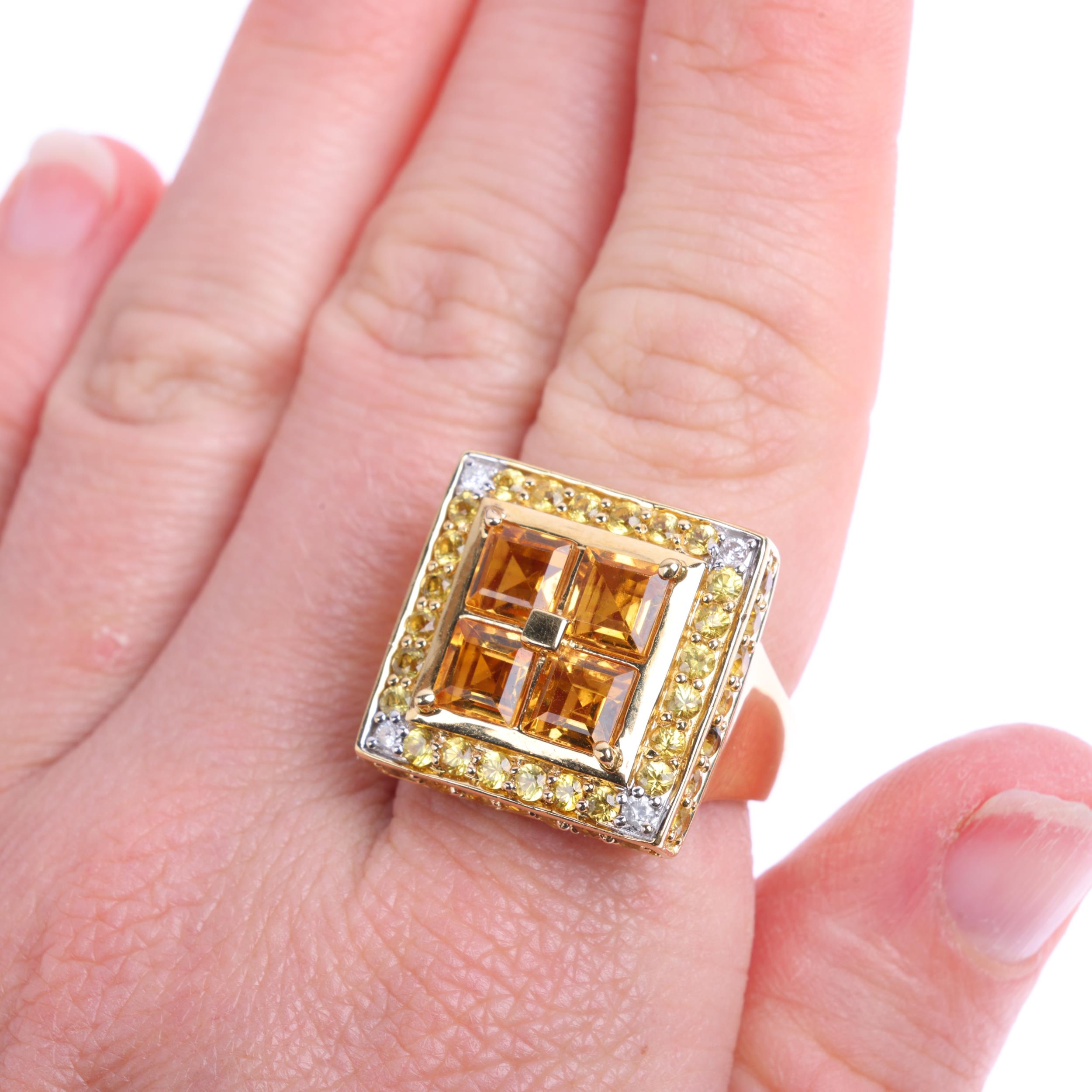 A large 18ct gold citrine yellow sapphire and diamond cluster panel ring, maker DC, London 2011, set - Image 4 of 4
