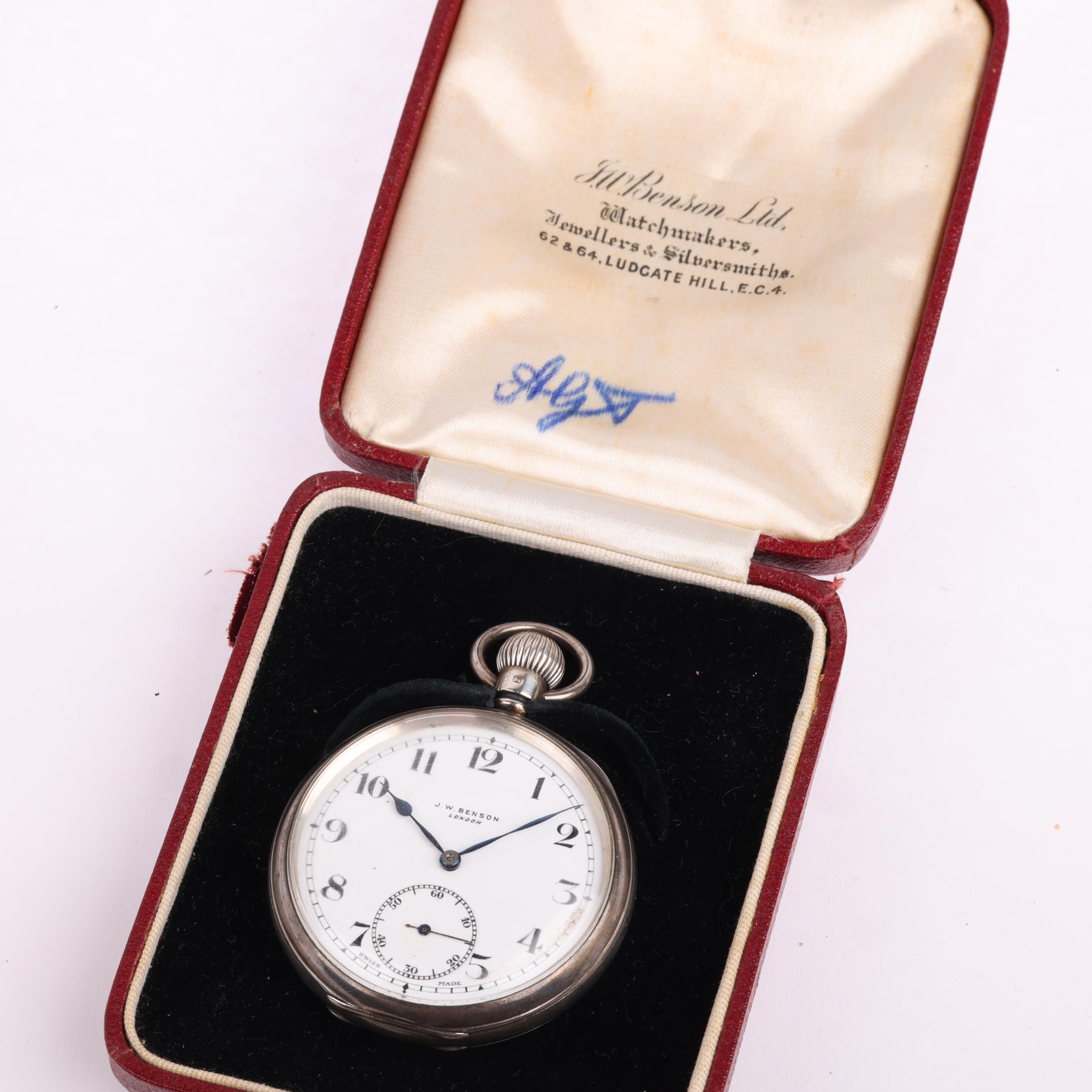 J W BENSON - an early 20th century silver open-face keyless pocket watch, white enamel dial with - Image 5 of 5
