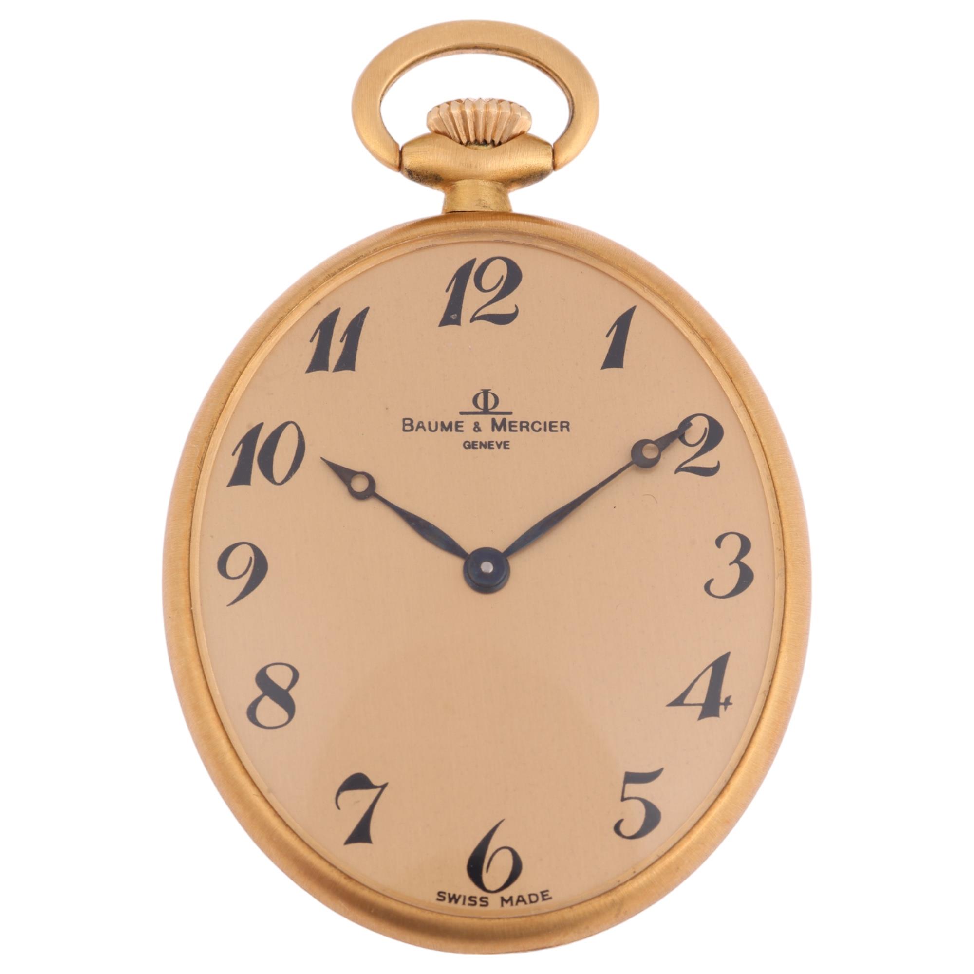 BAUME & MERCIER - a Swiss 18ct gold oval open-face keyless pocket watch, champagne dial with