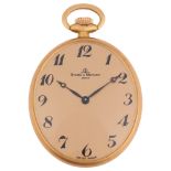 BAUME & MERCIER - a Swiss 18ct gold oval open-face keyless pocket watch, champagne dial with