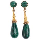 A pair of Antique malachite drop earrings, with screw-back fittings, apparently unmarked, 40.1mm, 8g